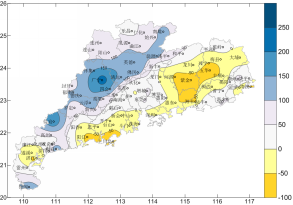 广东省2017年11月：气温略偏高，降水偏多，日照显著偏少。